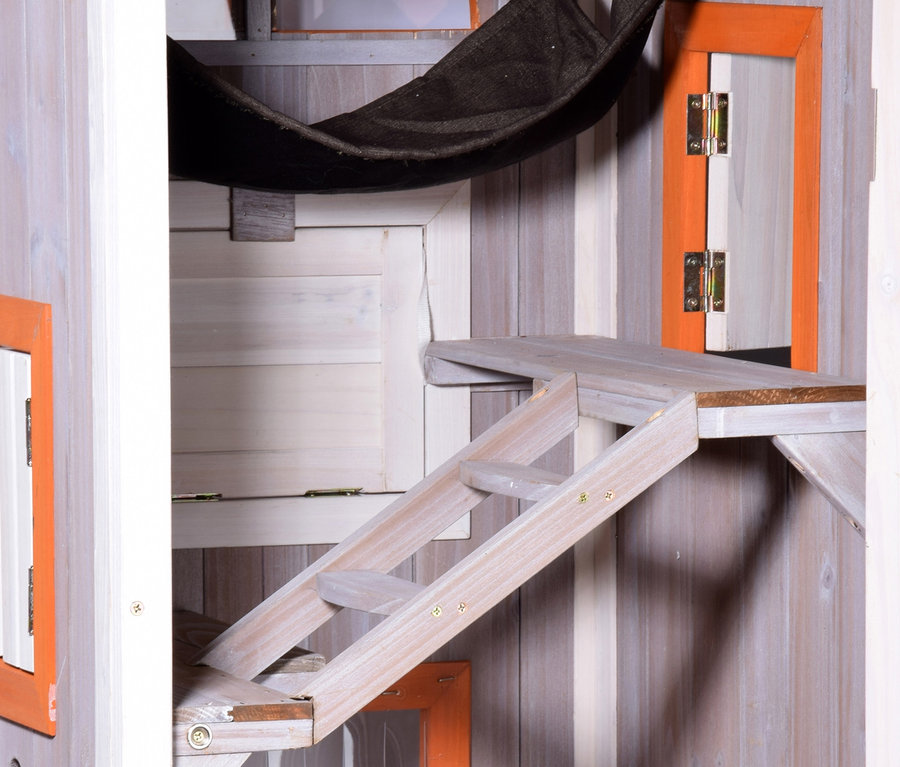 Innenansicht eines Katzenhauses »Fancy Cat« mit Leiter und Hängematte.