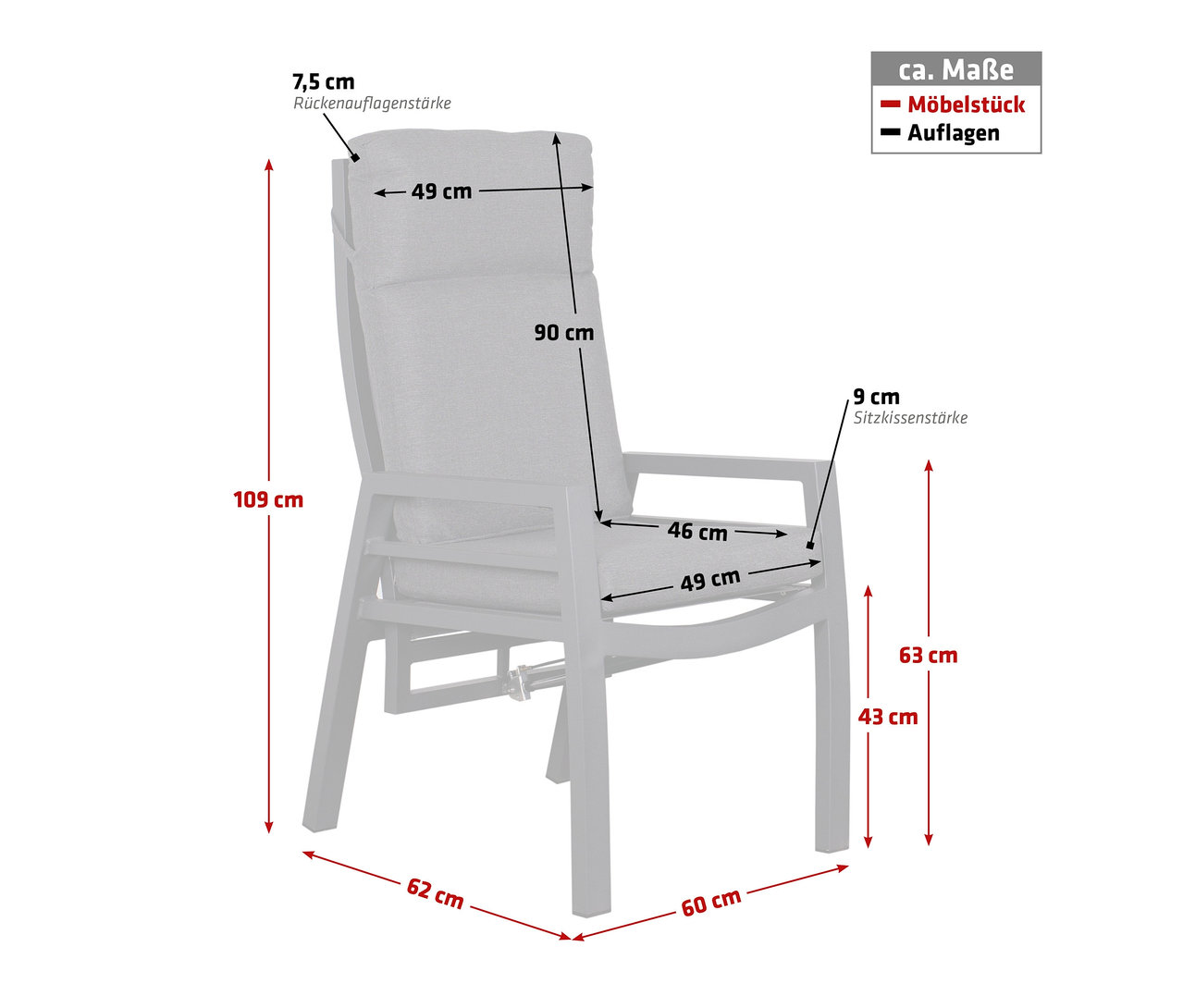 Die Abmessungen des grauen deVries Montana Alu-Dining-Sessels sind mit Pfeilen dargestellt.