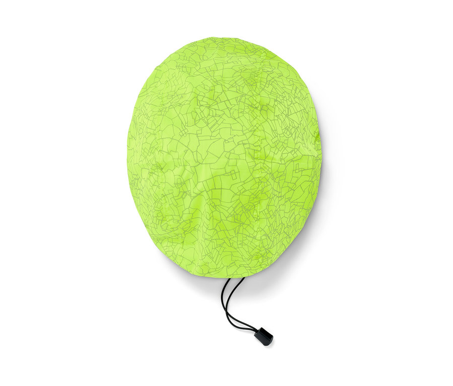 Ein neongelber Fahrradhelm-Überzug mit schwarzem Kordelzug.