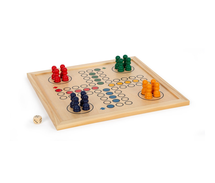 Brettspiel mit roten, grünen, blauen und orangefarbenen Spielfiguren und einem Würfel. small foot Spielesammlung, 7 Klassiker