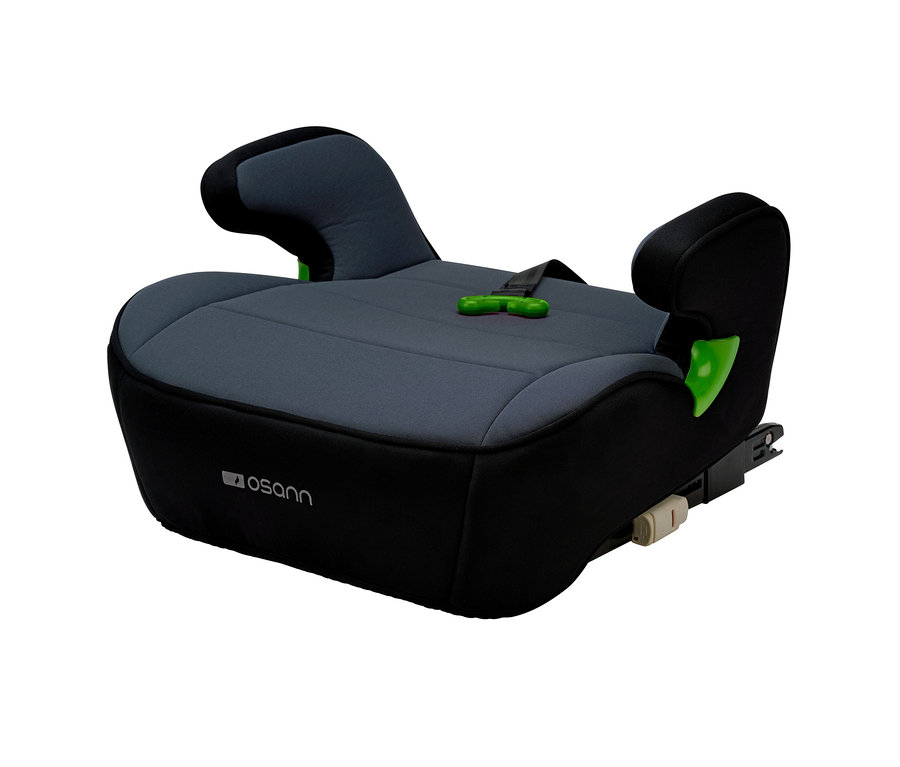Ein schwarz-grauer Osann Kindersitz »Junior Isofix Gurtfix«, inklusive Mal- und Reise-Tablett.