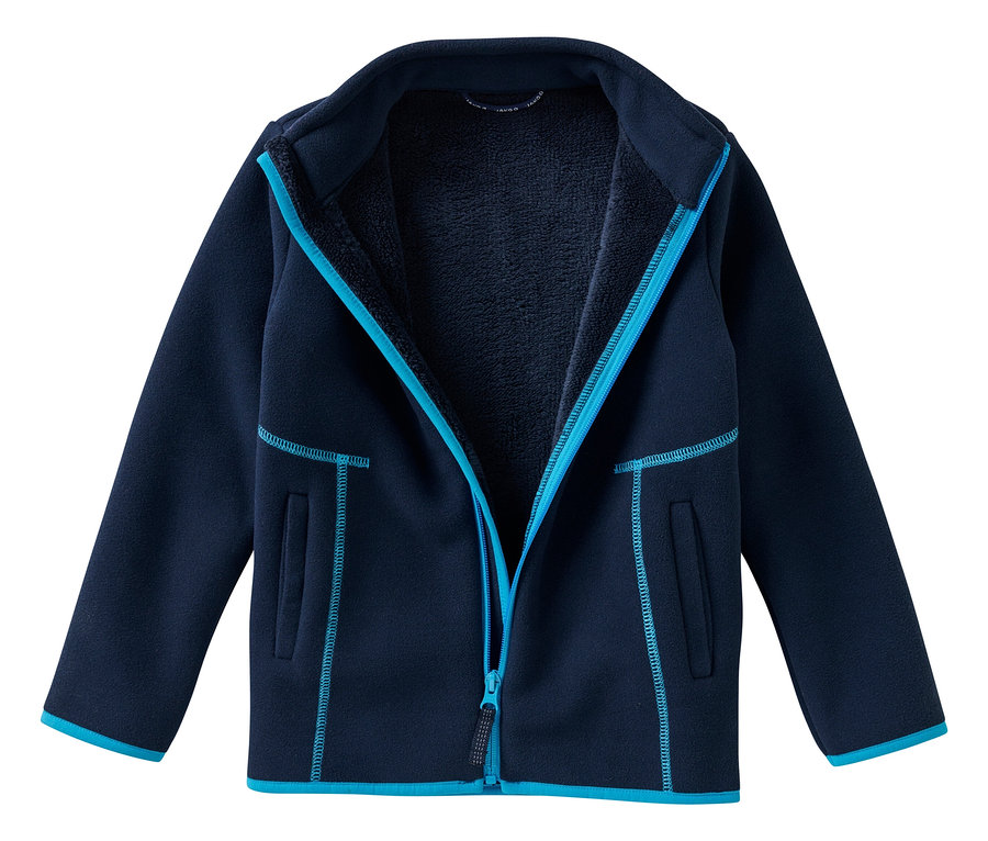 Marinefarbene, offene JAKO-O Kuschelfleecejacke mit Stehkragen.