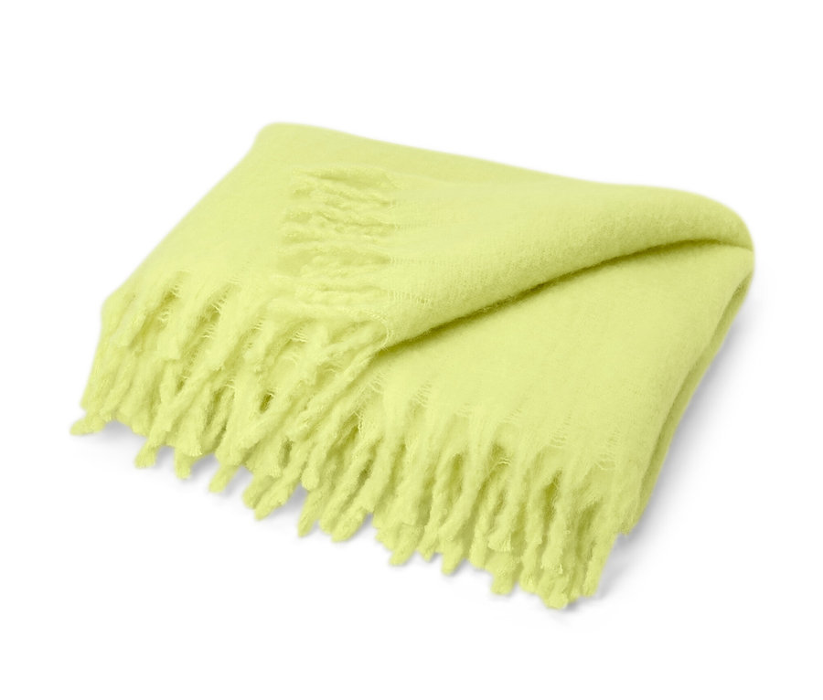 Gelbe Wohndecke, ca. 130 x 150 cm, gefaltet auf einem weißen Hintergrund.