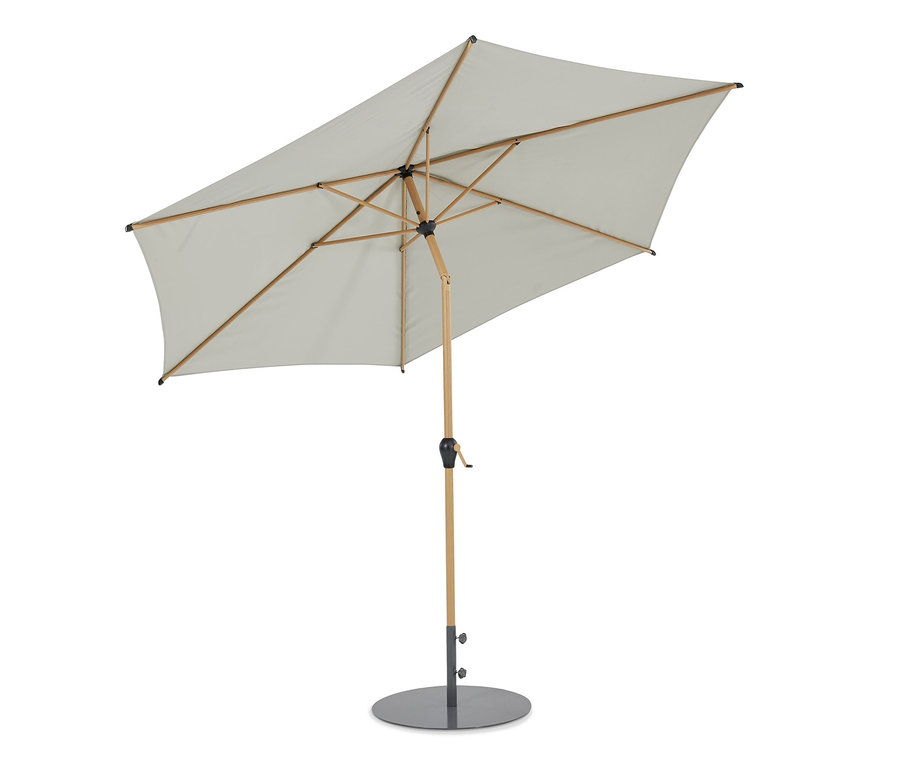 Ein grauer, rechteckiger Leco Marktschirm in Holzoptik inklusive Abdeckhaube.