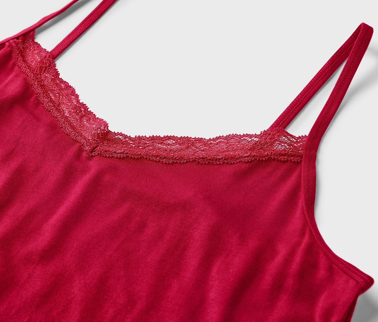 Detailansicht eines roten Tanktops mit Spitze am Ausschnitt.