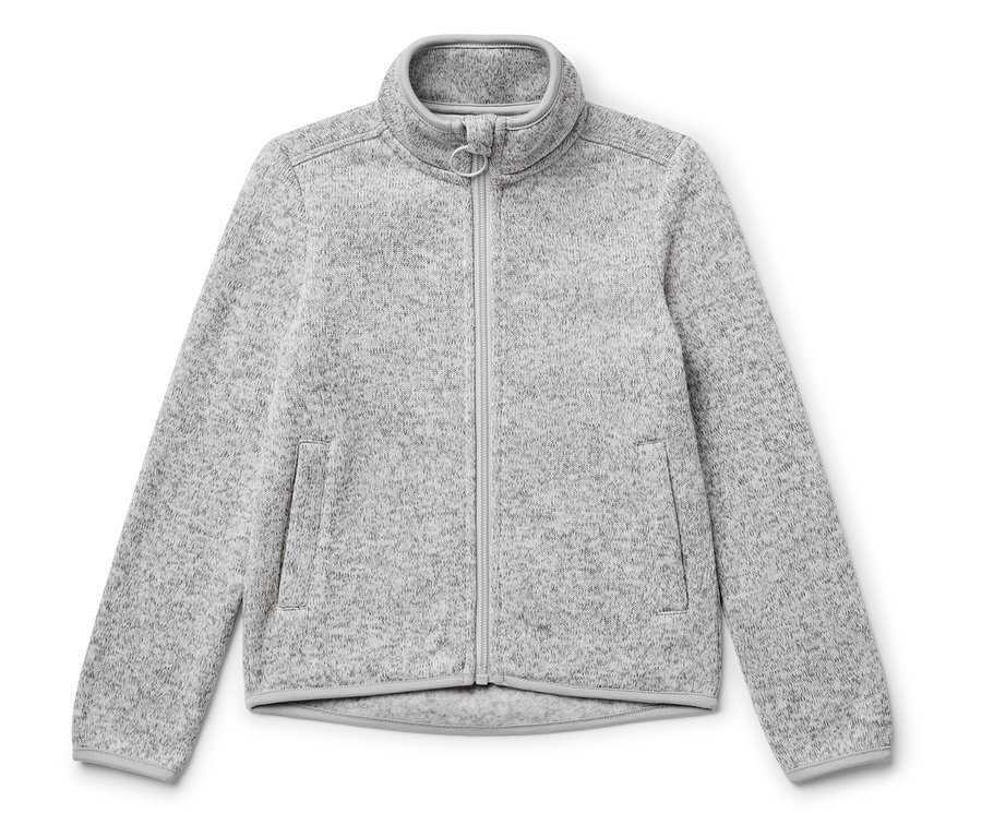 Graue Kinder-Strickfleecejacke mit Reißverschluss.