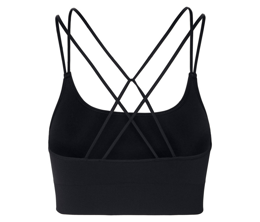 Detailansicht der Rückseite eines schwarzen Sport-BHs mit dünnen, überkreuzten Trägern.