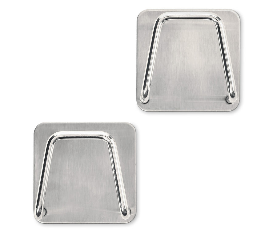 Zwei Spülschwammhalter aus Edelstahl.