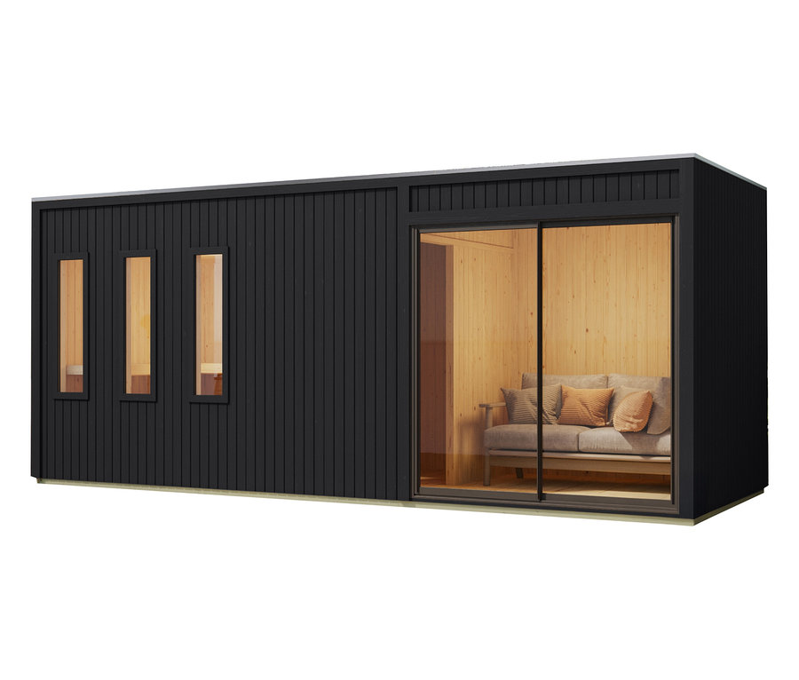Schwarzes Karibu Saunahaus »Gwen Premium« mit Glasschiebetür und drei Fenstern.
