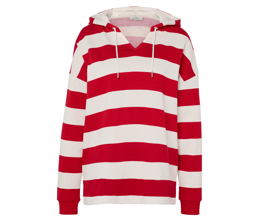 Rot-weiß gestreifter Pullover mit Kapuze und langen Ärmeln.