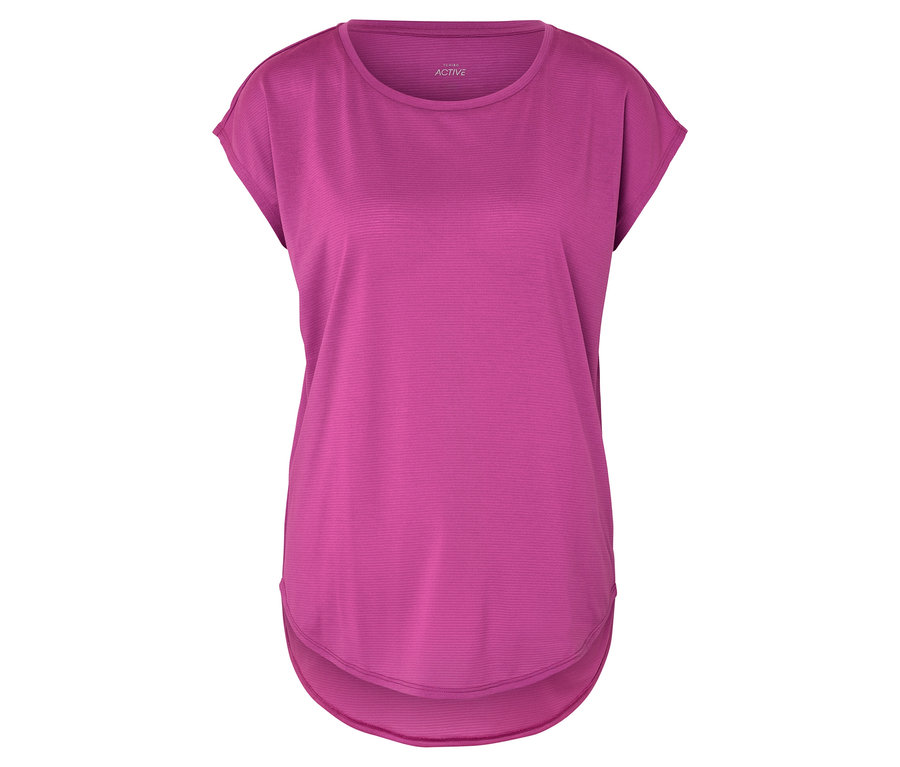 Ein pinkfarbenes Activewear-T-Shirt liegt auf einem weißen Hintergrund.