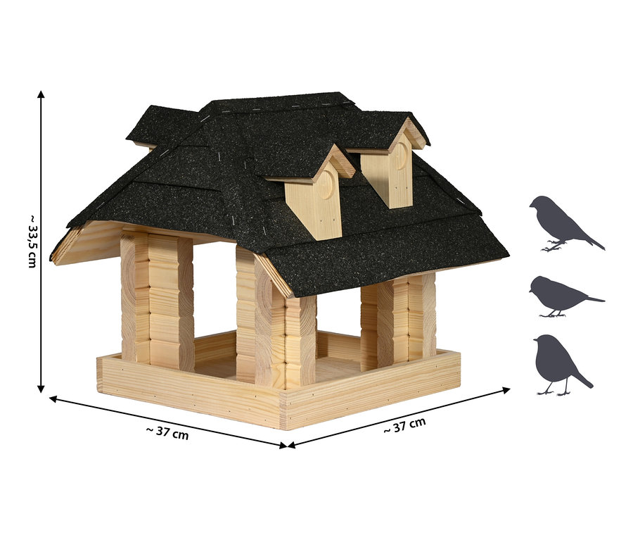 Ein hölzernes Vogelhaus »Sort« mit schwarzem Dach und Vogelzeichnungen.
