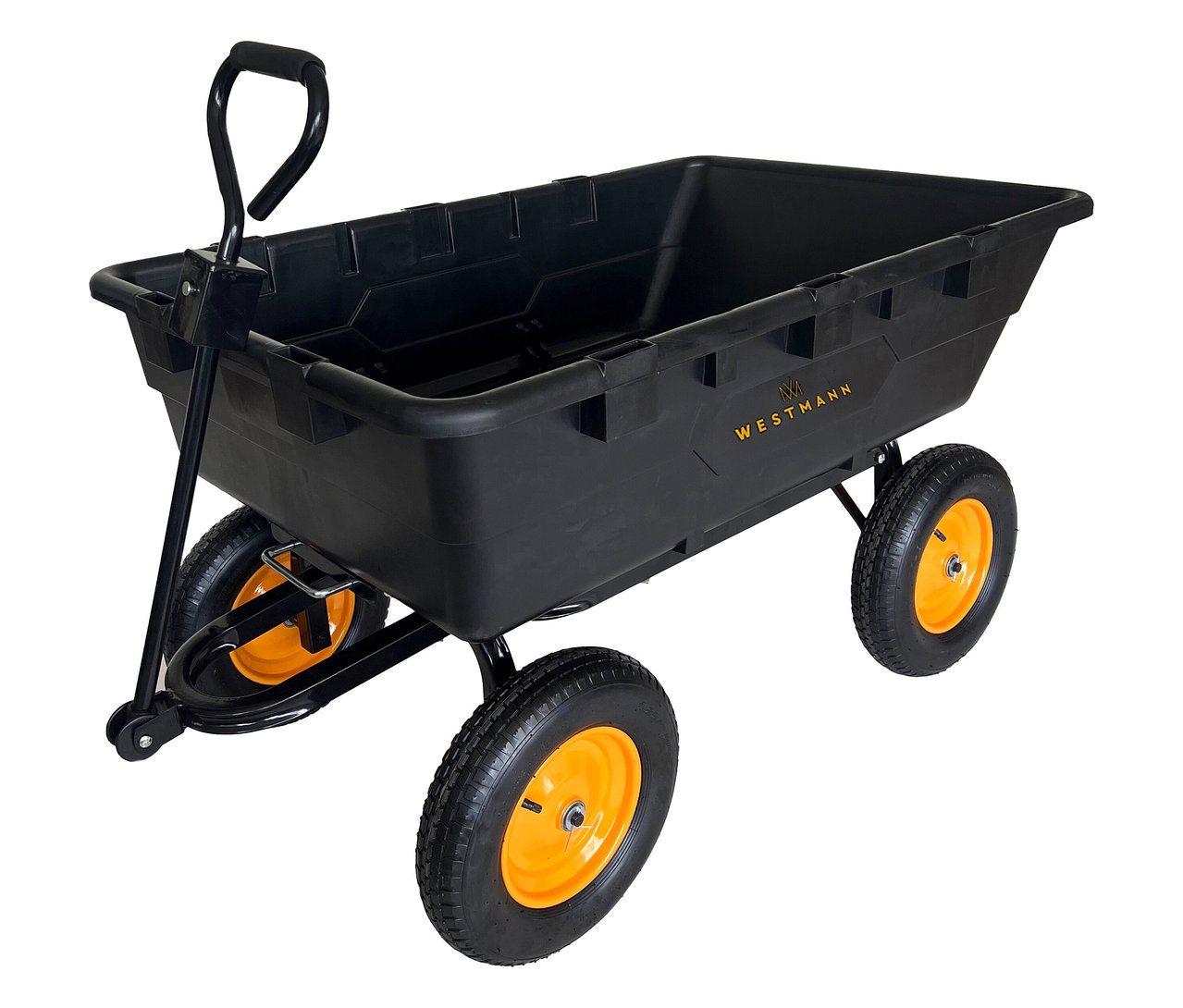 Schwarzer Gartenwagen mit gelben Felgen.