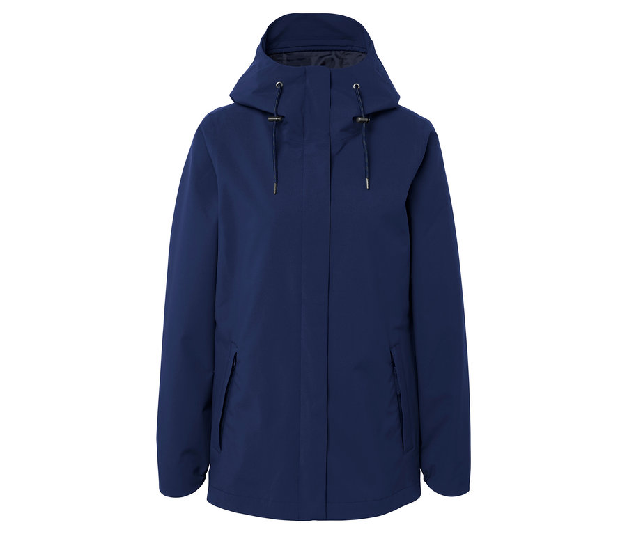 Blaue Jacke mit Kapuze.