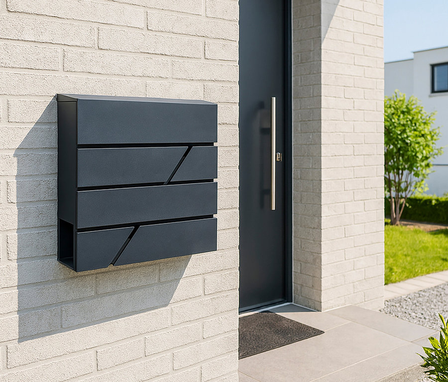 Ein grauer Briefkasten hängt an einer weißen Backsteinmauer neben einer grauen Tür.