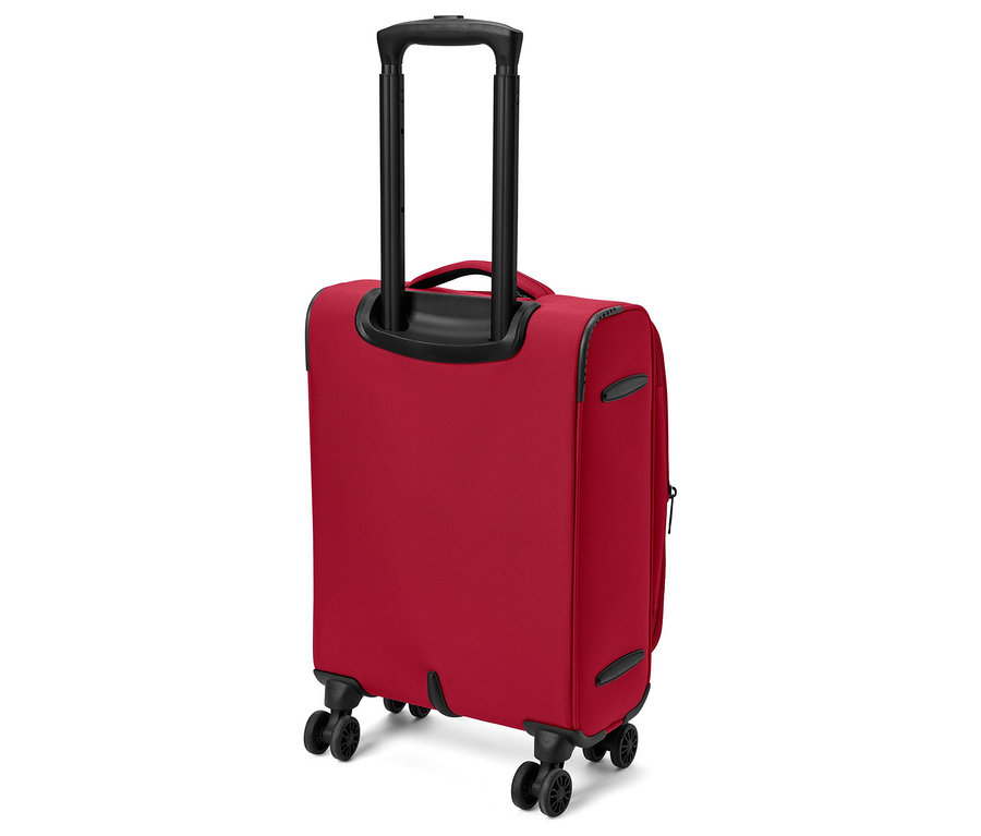 Roter Rollkoffer mit schwarzem Griff und Rädern.