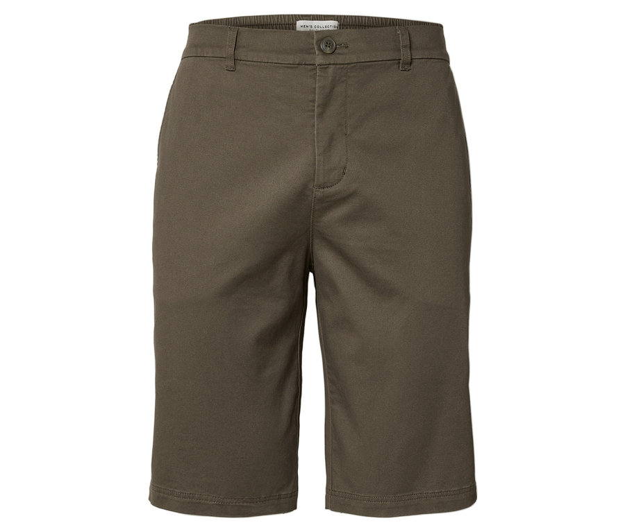 Eine khaki-farbene Stoffshorts mit Knopfverschluss.