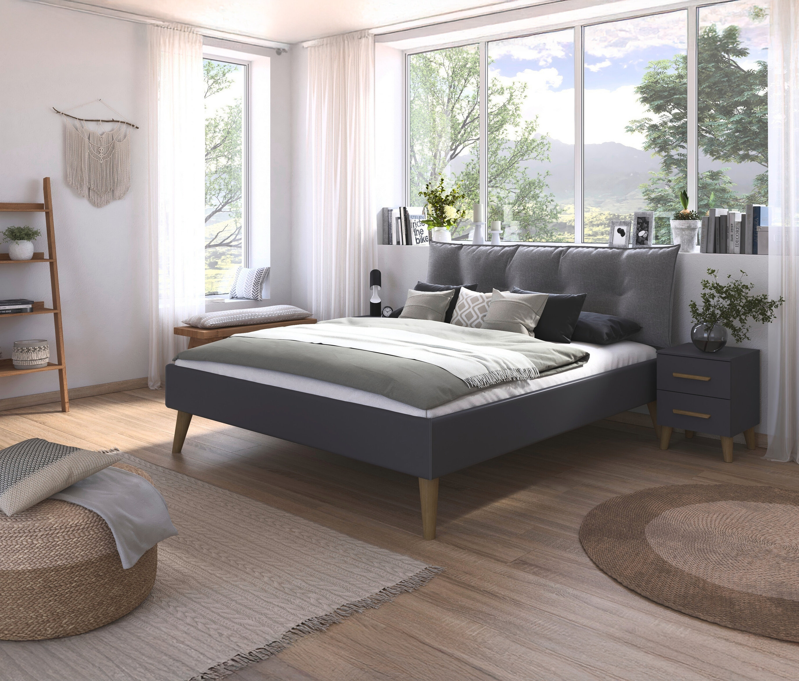 Graues rauch Bett »Skandi«, 180 x 200 cm im Schlafzimmer mit Fenster und Nachttisch.