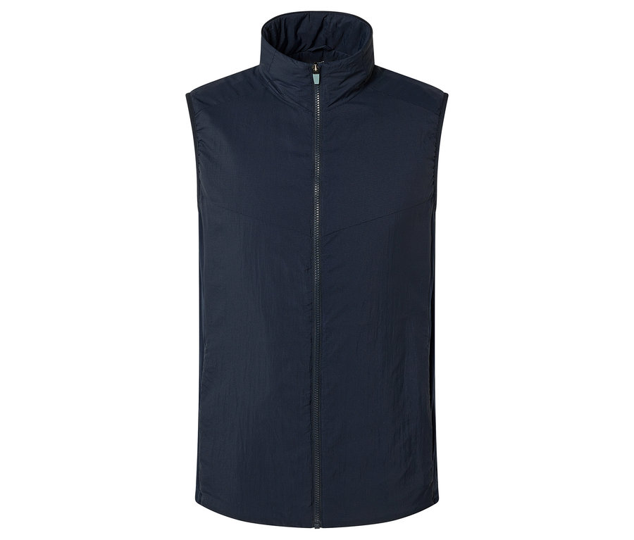 Dunkelblaue Weste mit Reißverschluss und hohem Kragen.