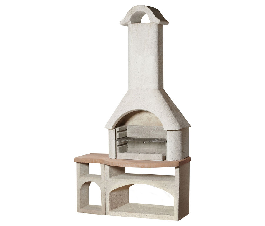 Freistehender Buschbeck Gartengrillkamin »Bozen« aus hellem Beton mit Ablagefläche und Grillrost.