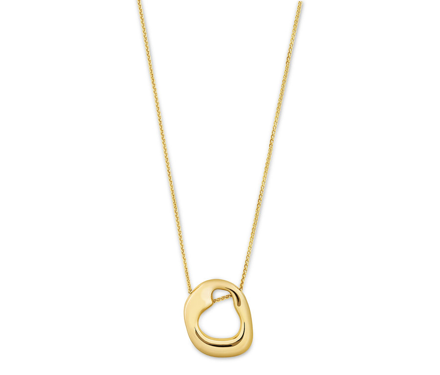 Nahaufnahme einer goldenen Halskette mit einem abstrakten, tropfenförmigen Anhänger an einer feinen Kette.