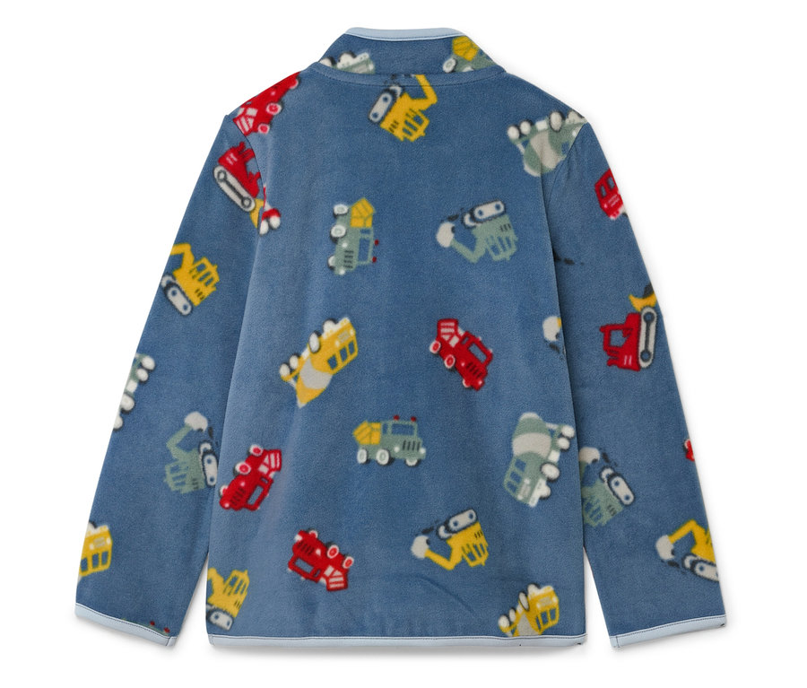 Blaues Fleece-Oberteil mit verschiedenen bunten Fahrzeugen.