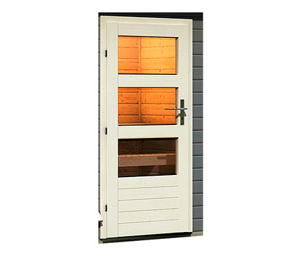 Eine Tür des Karibu-Saunahaus mit Glasfenstern.