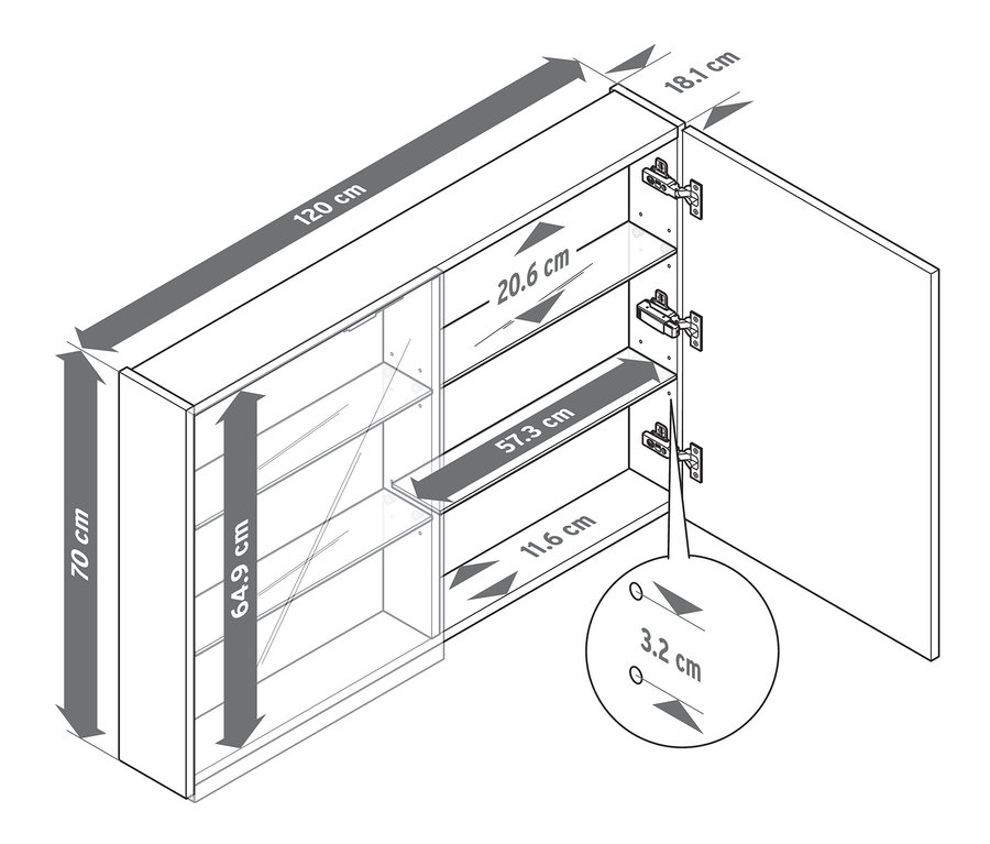 Skizze eines Spiegelschranks mit integrierter LED-Beleuchtung und Abmessungen.