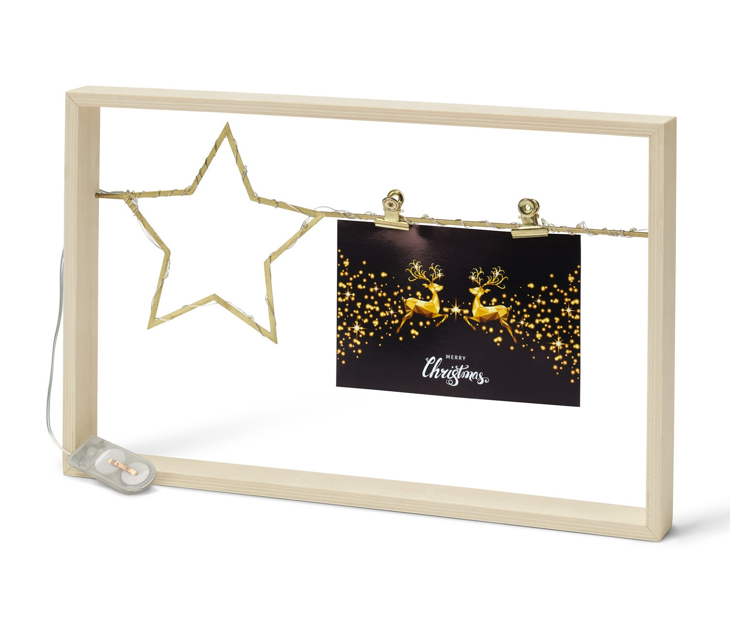 LED-Bilderrahmen mit Weihnachtsbild und Stern.