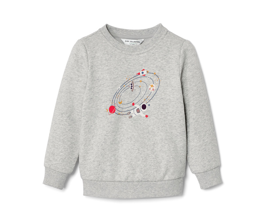 Grauer Kinder-Sweater mit Weltraum-Motiv.