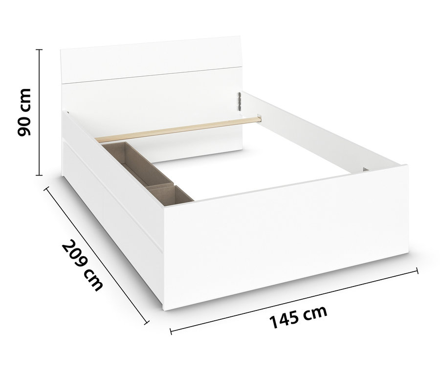Weißes Bettgestell mit zwei Schubladen, Größe 140 x 200 cm.