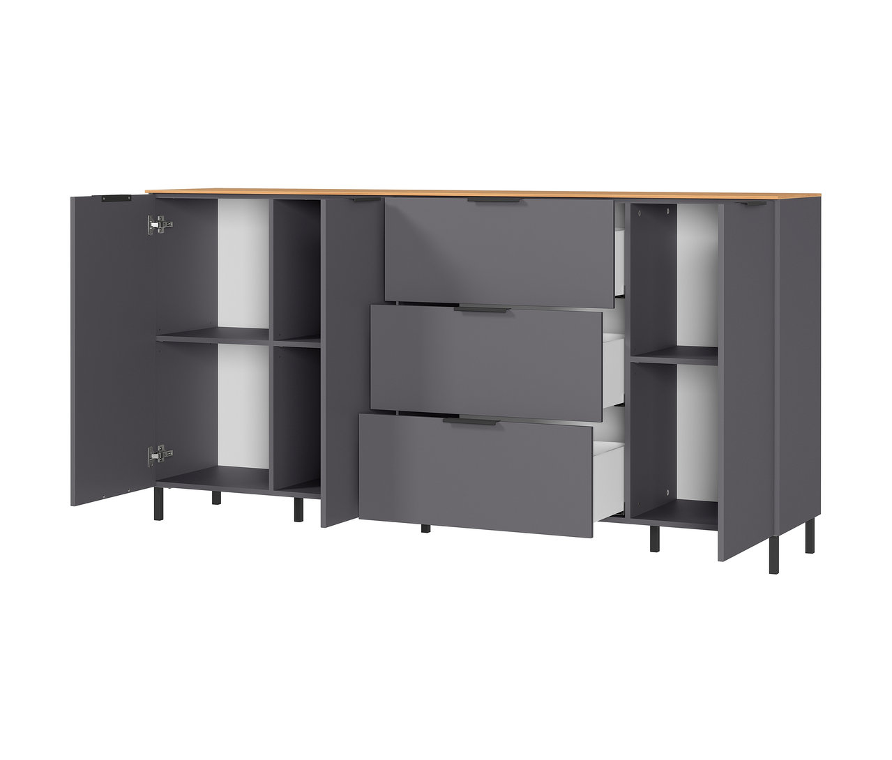 Offenes, großes graphitfarbenes Sideboard »CALIFORNIA« mit Regalen und Schubladen.