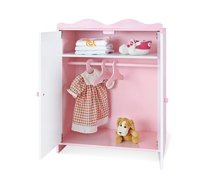 Rosa-weißer Puppenschrank mit Kleidung, Schuhen und Stoffhund.