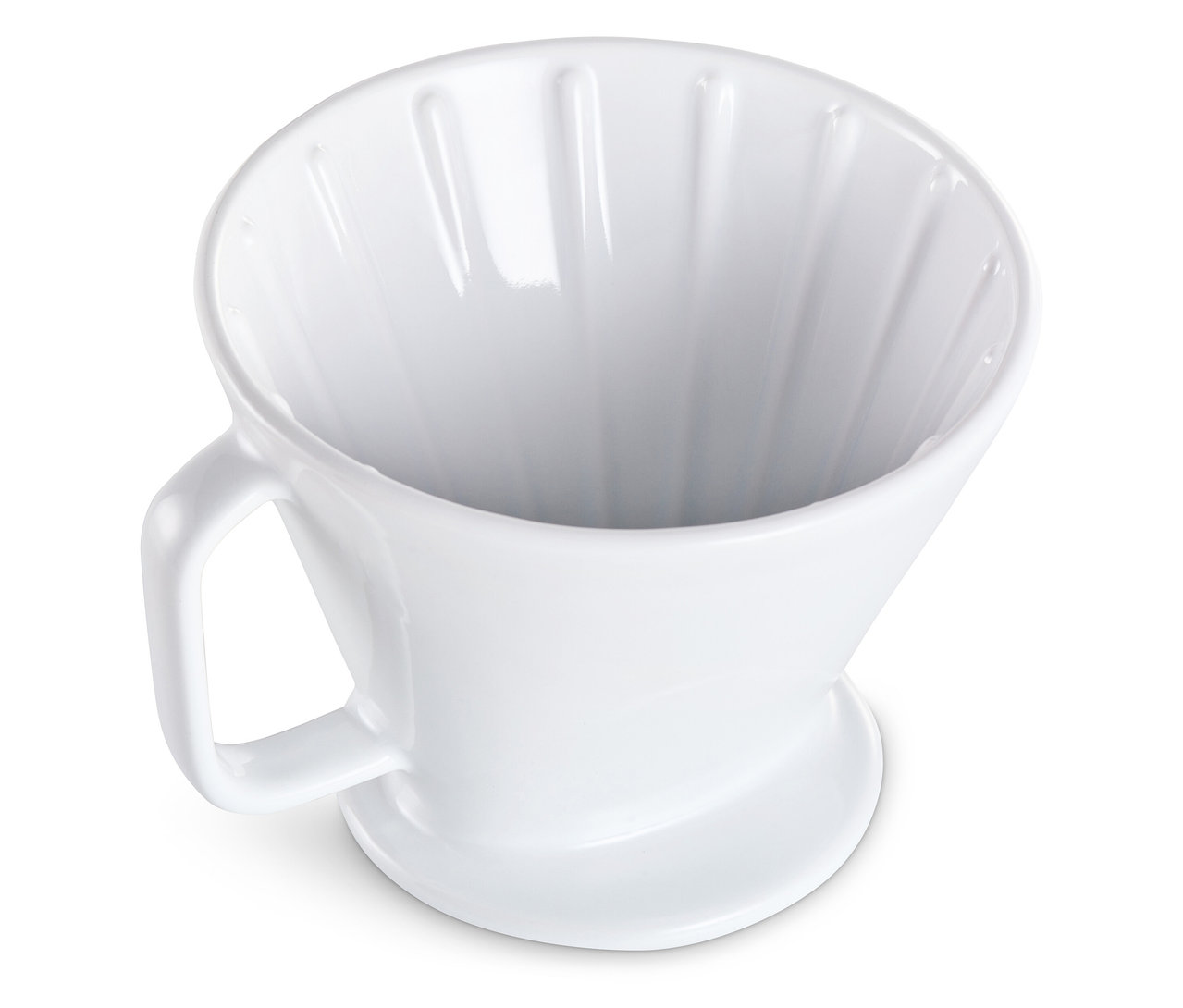 Detailaufnahme von oben eines weißen Kaffee Handfilters.