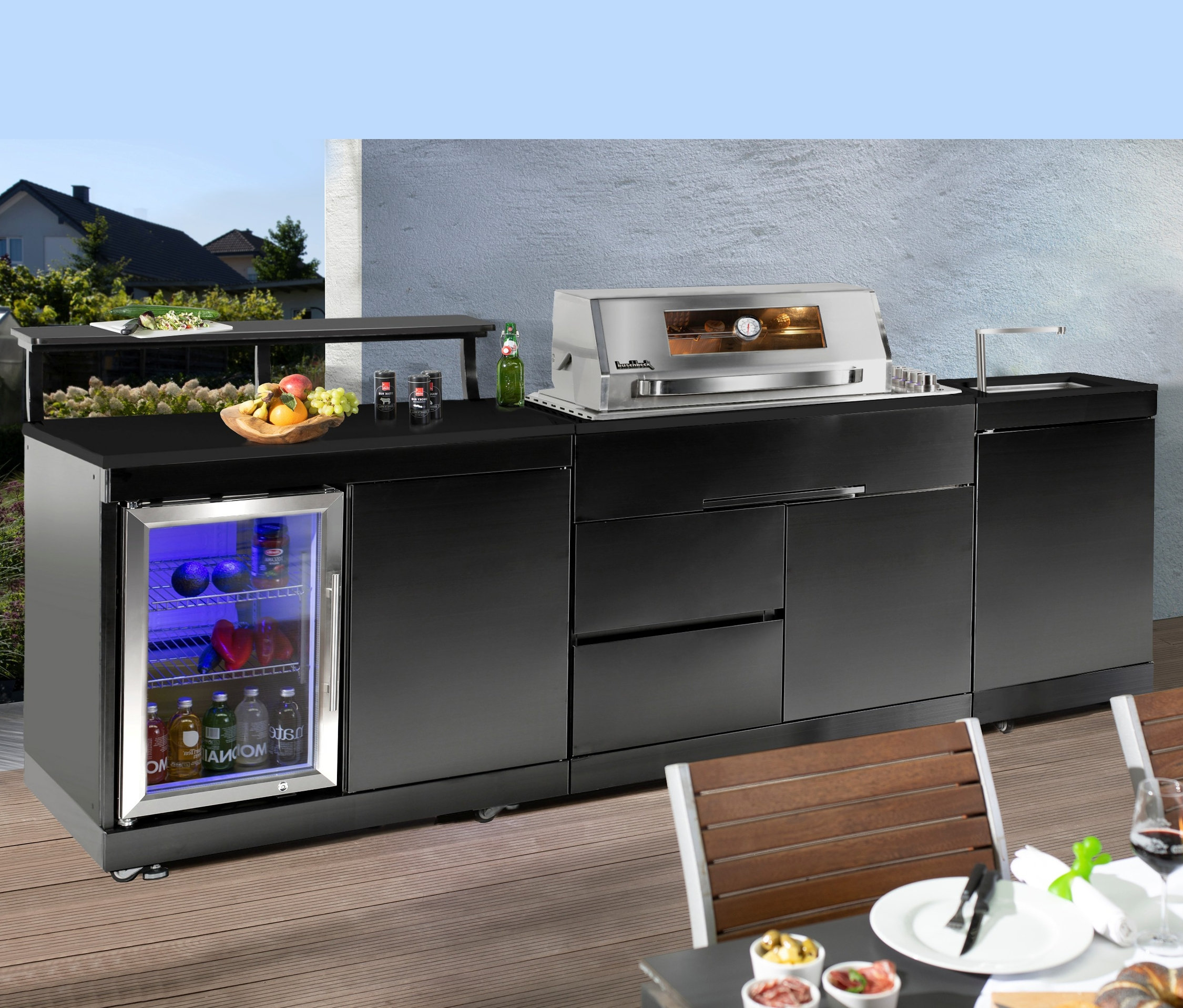 Buschbeck Premium Outdoor-Küche mit Grillfunktion und Kühlschrank.