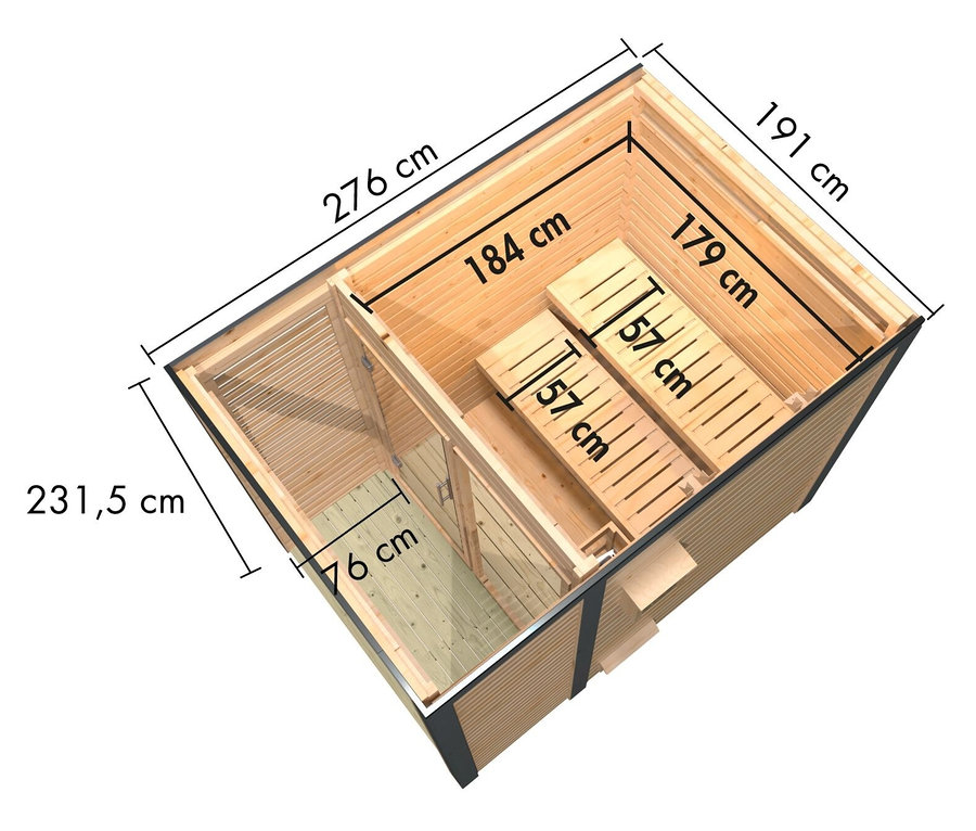 Draufsicht des Karibu Saunahauses »Alice 1«, anthrazit mit Abmessungen.