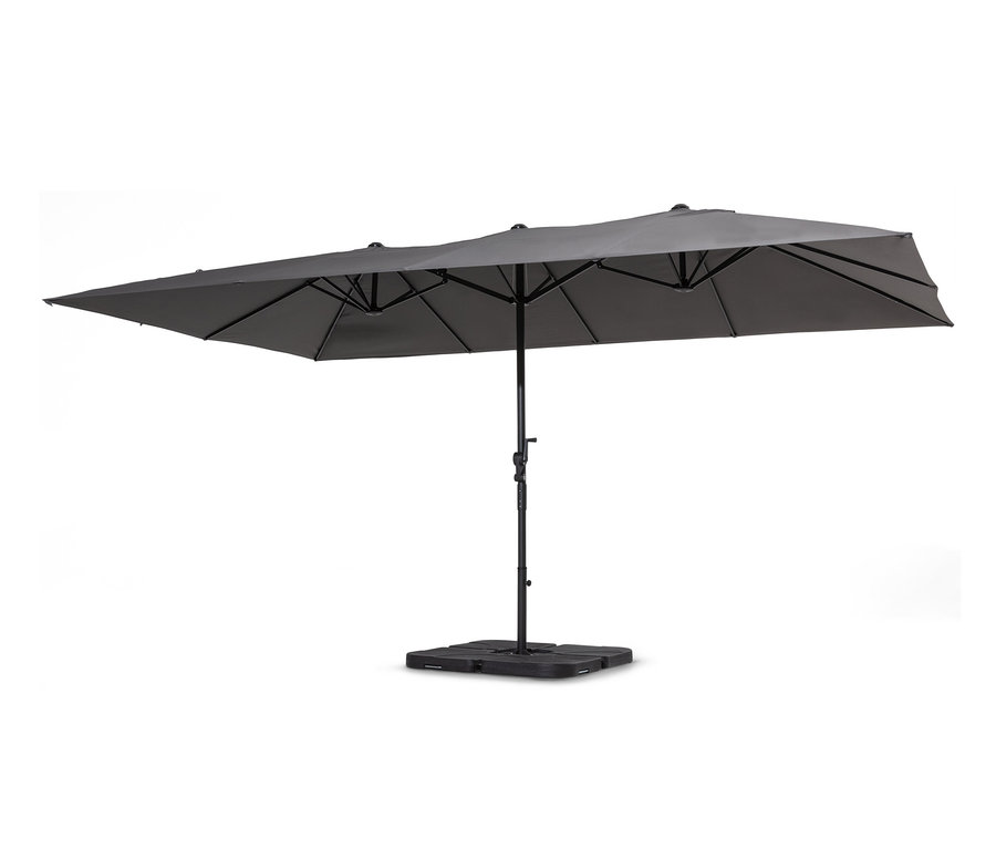 Ein anthrazitfarbener Leco Doppel-Sonnenschirm steht auf einem schwarzen Sockel.