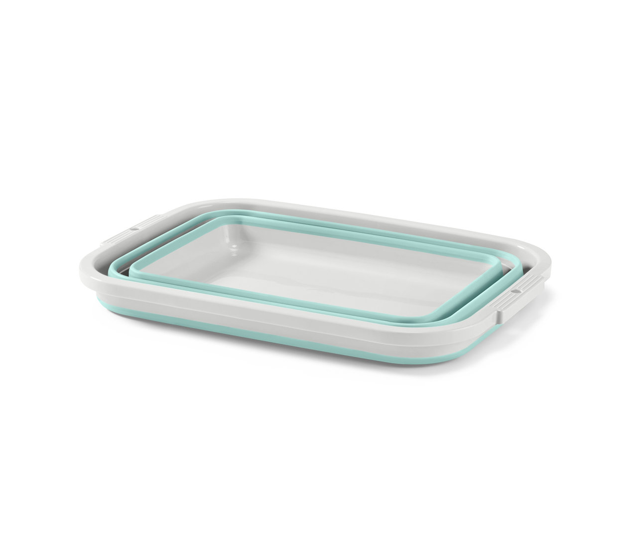 Ein faltbarer Wäschekorb in Weiß und Blau.