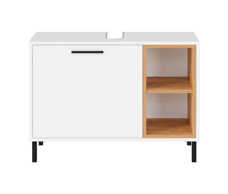 Weißer Waschbeckenunterschrank »Loria« mit schwarzem Griff und offenen Holzregalen.