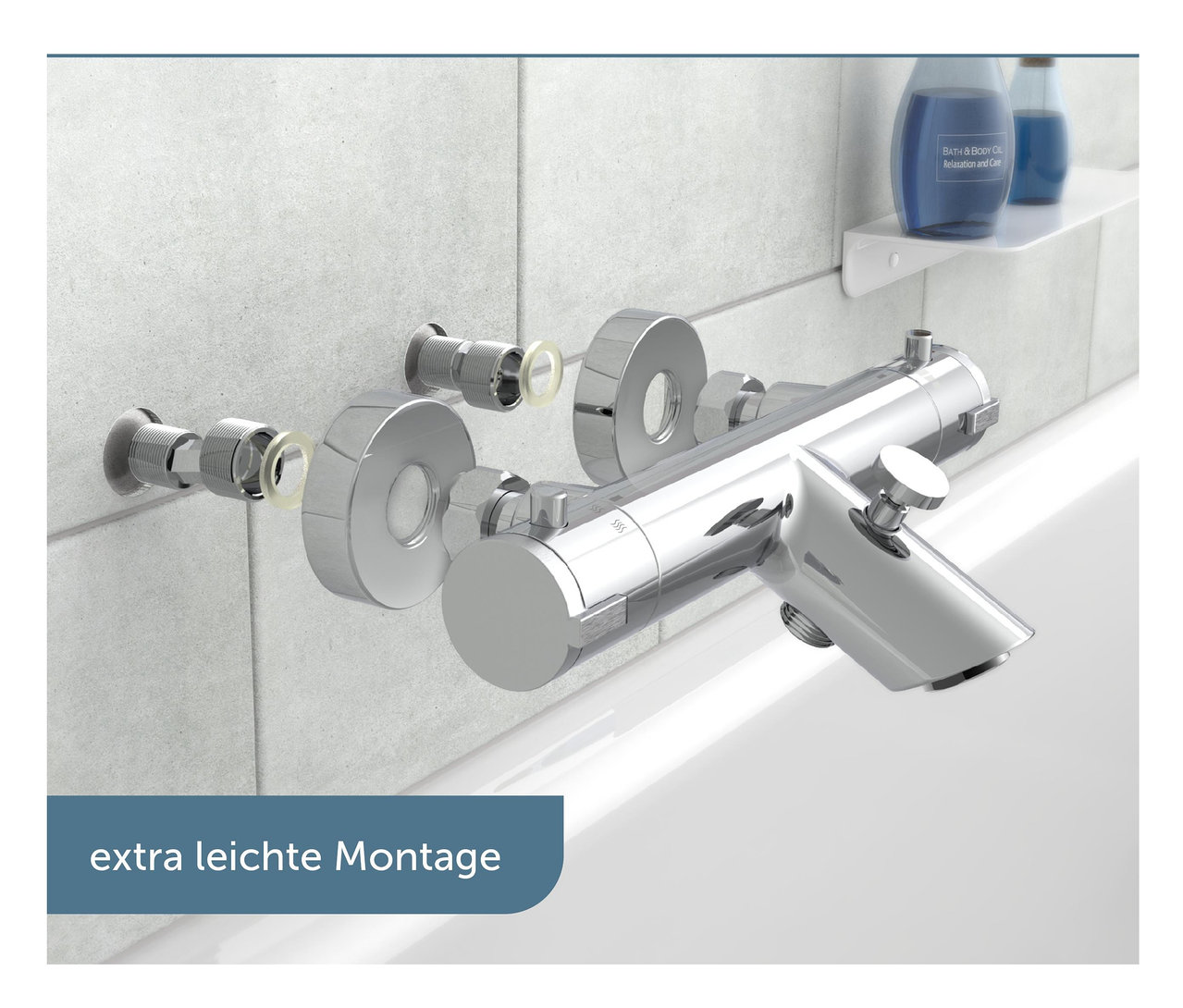 Eine Chrom Thermostat-Wannenarmatur »LONDON« ist an weißen Fliesen neben einer Badewanne montiert.