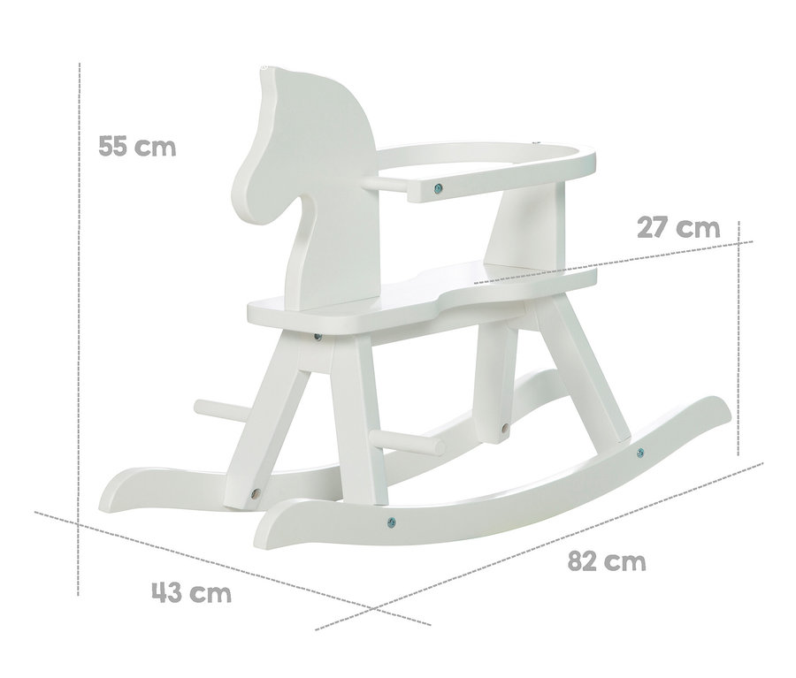 Weißes roba Schaukelpferd mit den Maßen 55 cm Höhe, 43 cm Breite und 82 cm Länge.