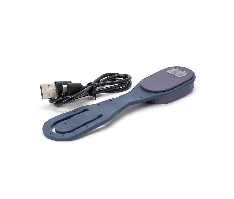 Blaue LED-Mini-Leselampe mit Akku und USB-Kabel auf weißem Hintergrund.