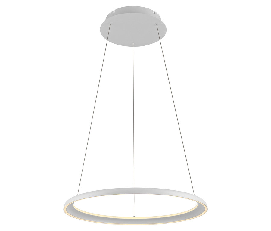 Weiße kreisförmige Deckenleuchte, die an drei Seilen hängt.