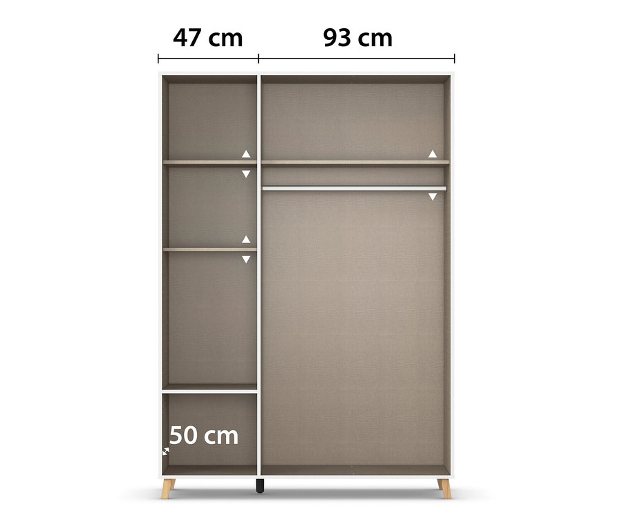 Schema eines rauch Drehtürenschranks »Shinjo« mit 3 Türen und 2 Schubladen in Grau Metallic und Weiß.