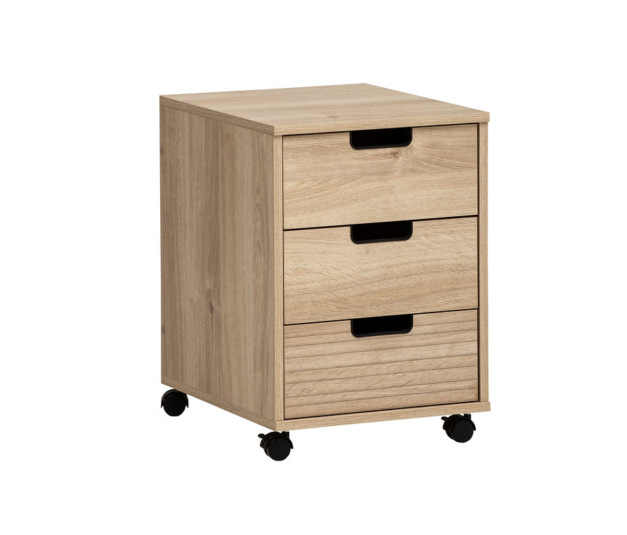Rollcontainer »Emmik« in Eichenfarben mit drei Schubladen und schwarzen Rollen.