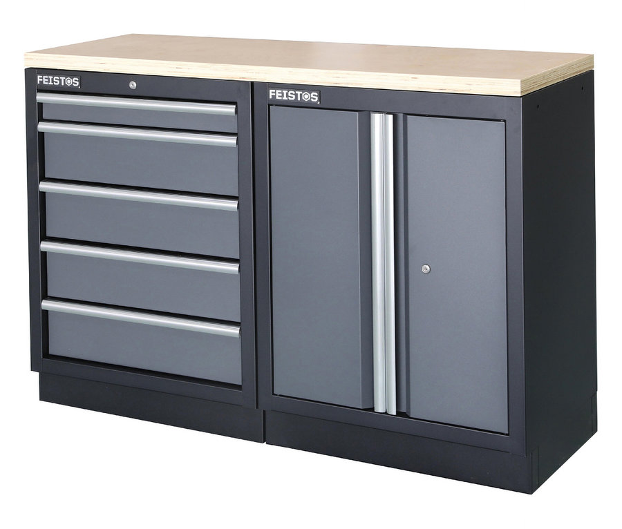 Grauer FEISTOS Werkzeugschrank Apollo 1 mit vier Schubladen und Doppeltüren.