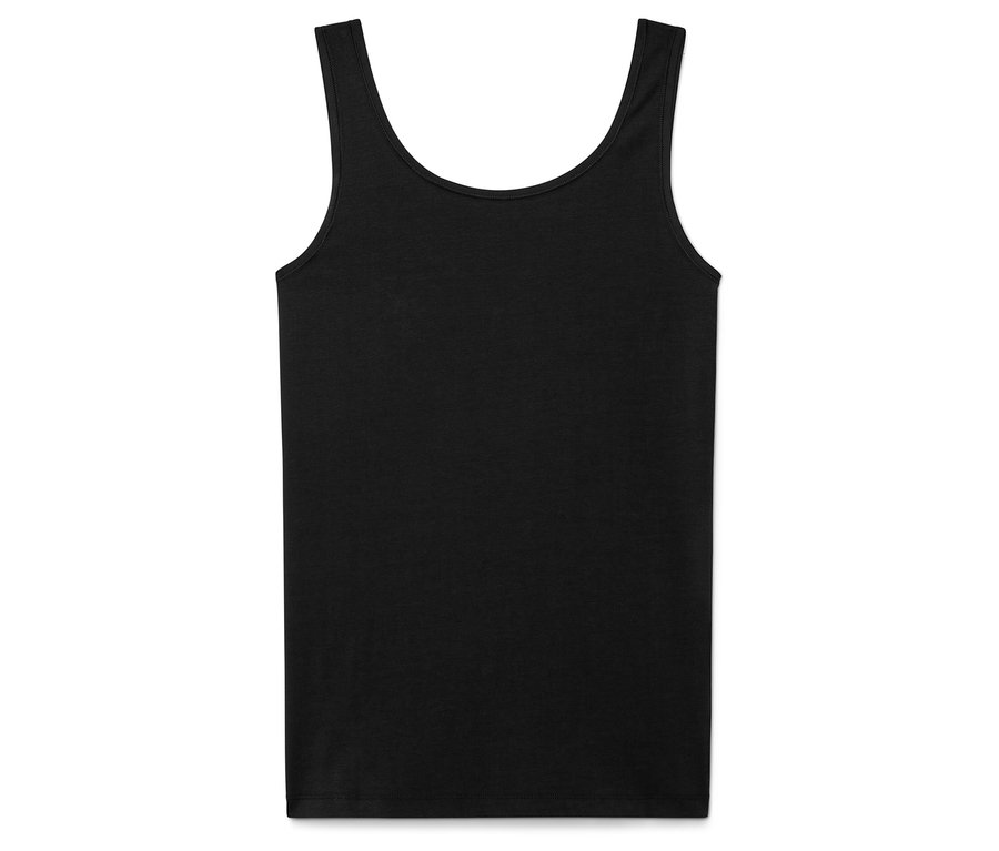 Schwarzes Baumwoll-Tanktop auf weißem Hintergrund.