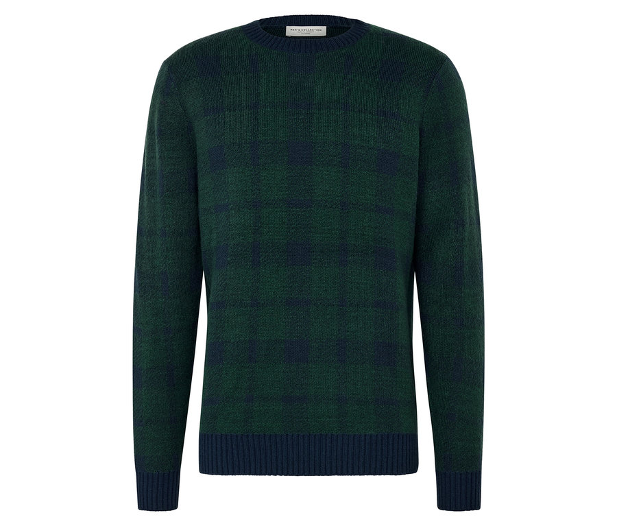 Grüner Strickpullover mit dunkelblauen Details an Saum und Bündchen.