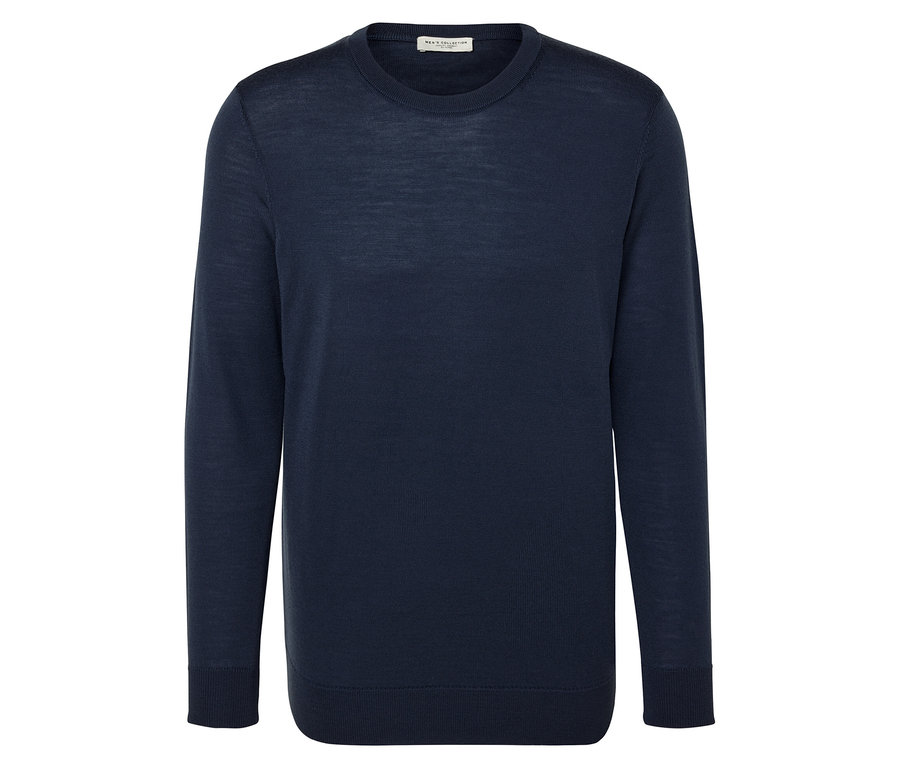 Dunkelblau melierter Merino-Pullover.