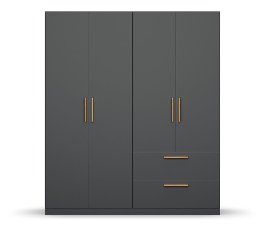 Ein grauer, 4-türiger Drehtürenschrank »Skandi« von rauch mit Griffen.